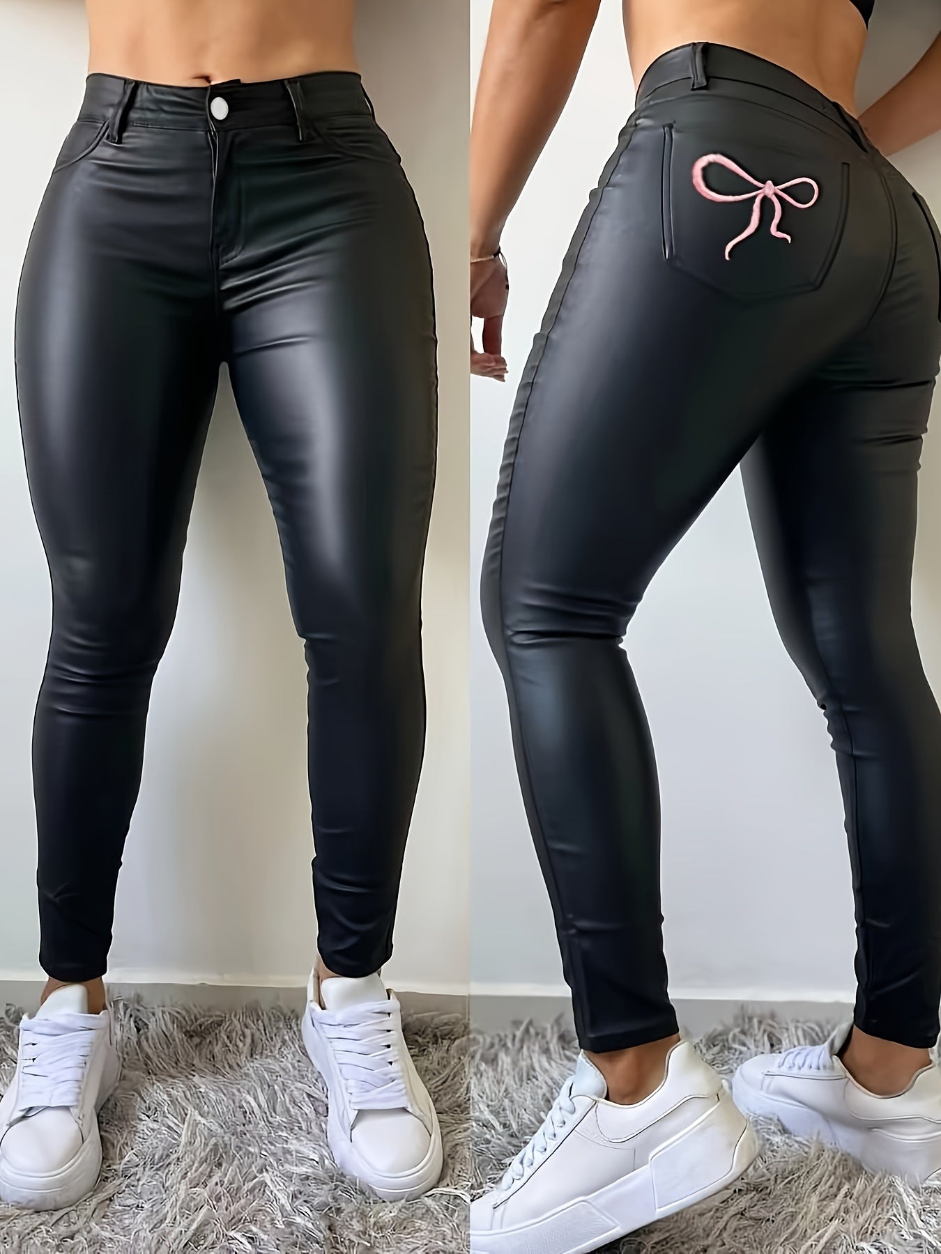 Women's Elegant Jeans with Embroidered Bow Detail - High Waist, Stretch Fabric, Comfortable Fit, Button Closure, Versatile Casual Attire, Everyday Jeans | Decorative Bow Design | Functional Button Closure